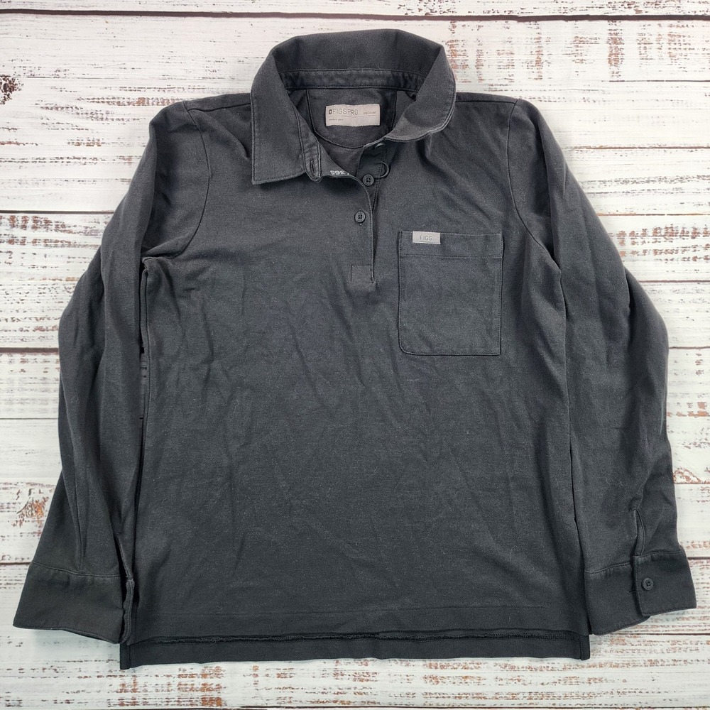 Figs Pro Pique Polo Mens Medium Black Long Sleeve Pocket Shirt